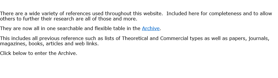  There are a wide variety of references used throughout this website.  Included here for completeness and to allow others to further their research are all of those and more. They are now all in one searchable and flexible table in the Archive. This includes all previous reference such as lists of Theoretical and Commercial types as well as papers, journals, magazines, books, articles and web links. Click below to enter the Archive.    